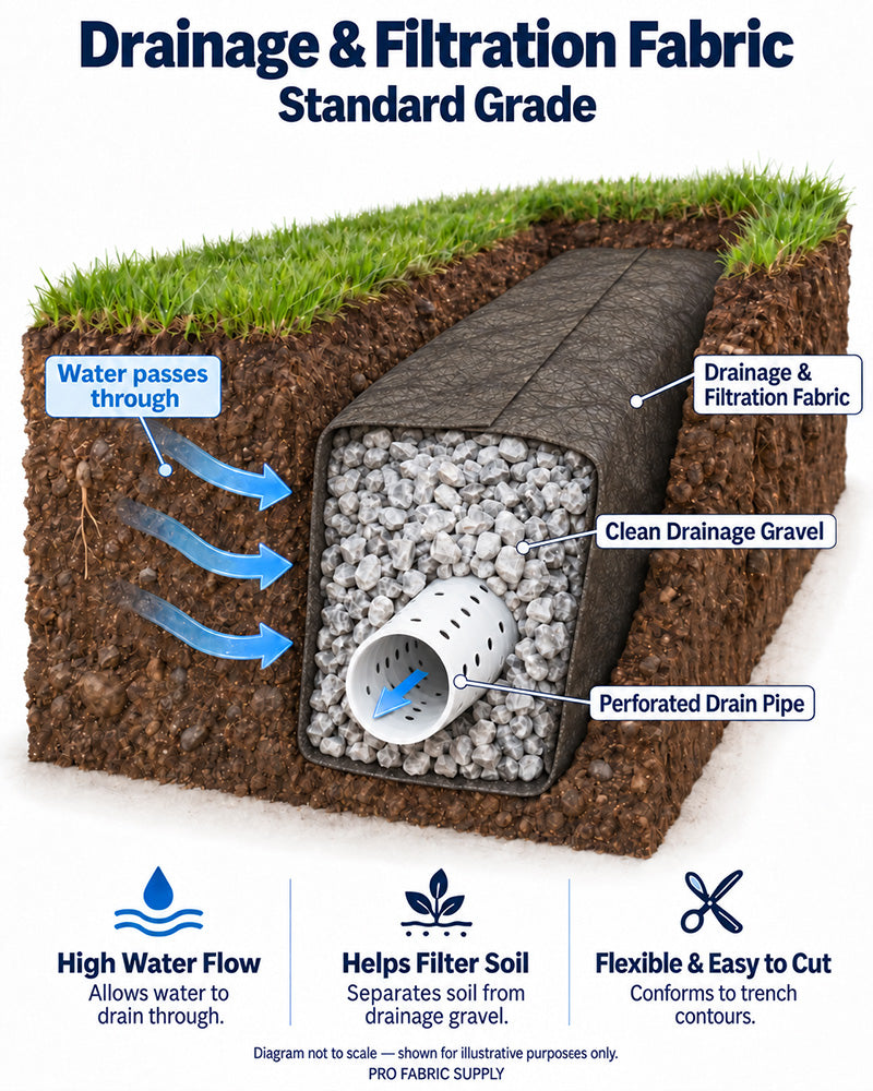 Drainage & Filtration Fabric Standard Grade trench cross-section diagram