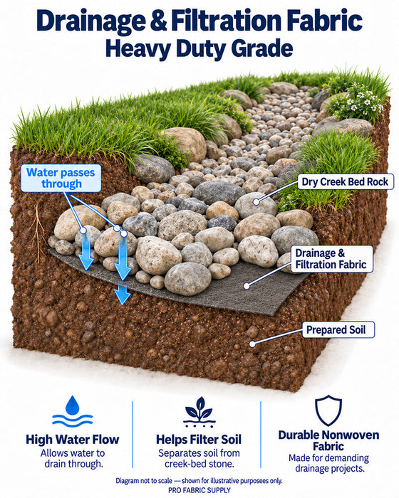 Drainage & Filtration Fabric Heavy-Duty Grade dry creekbed cross-section diagram