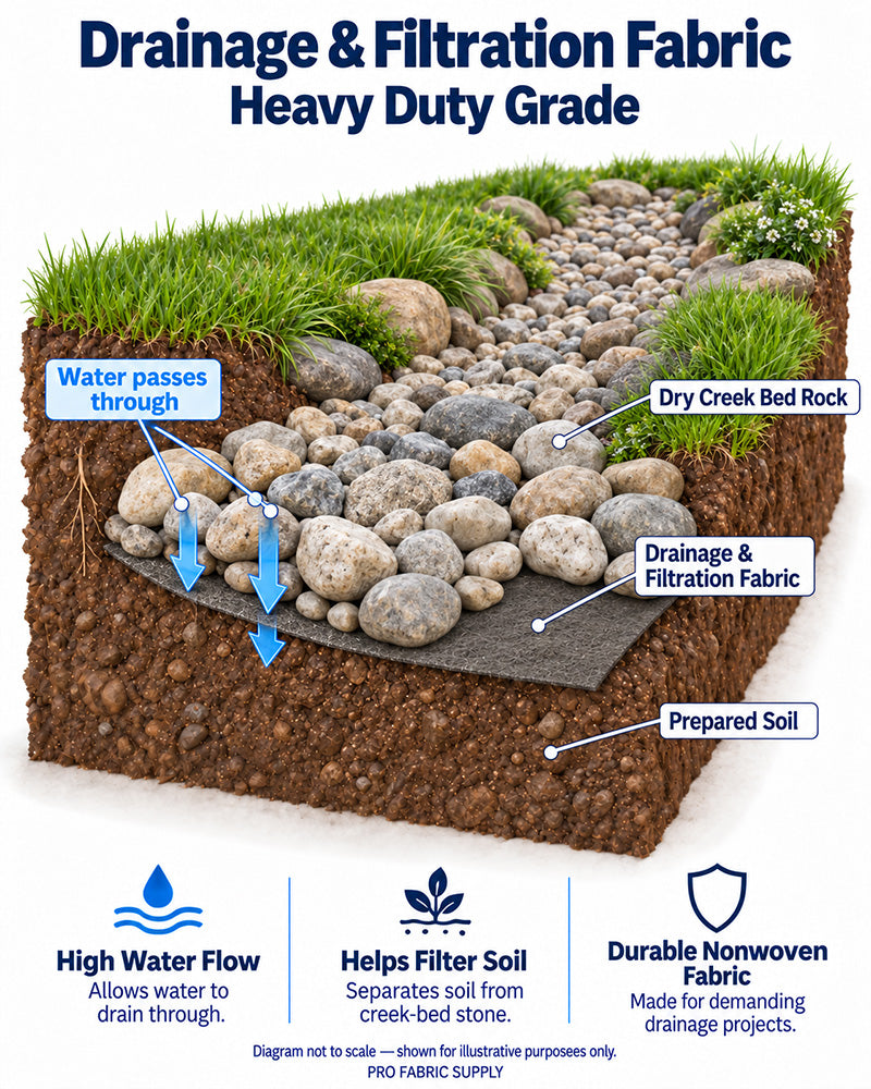 Drainage & Filtration Fabric Heavy-Duty Grade dry creekbed cross-section diagram