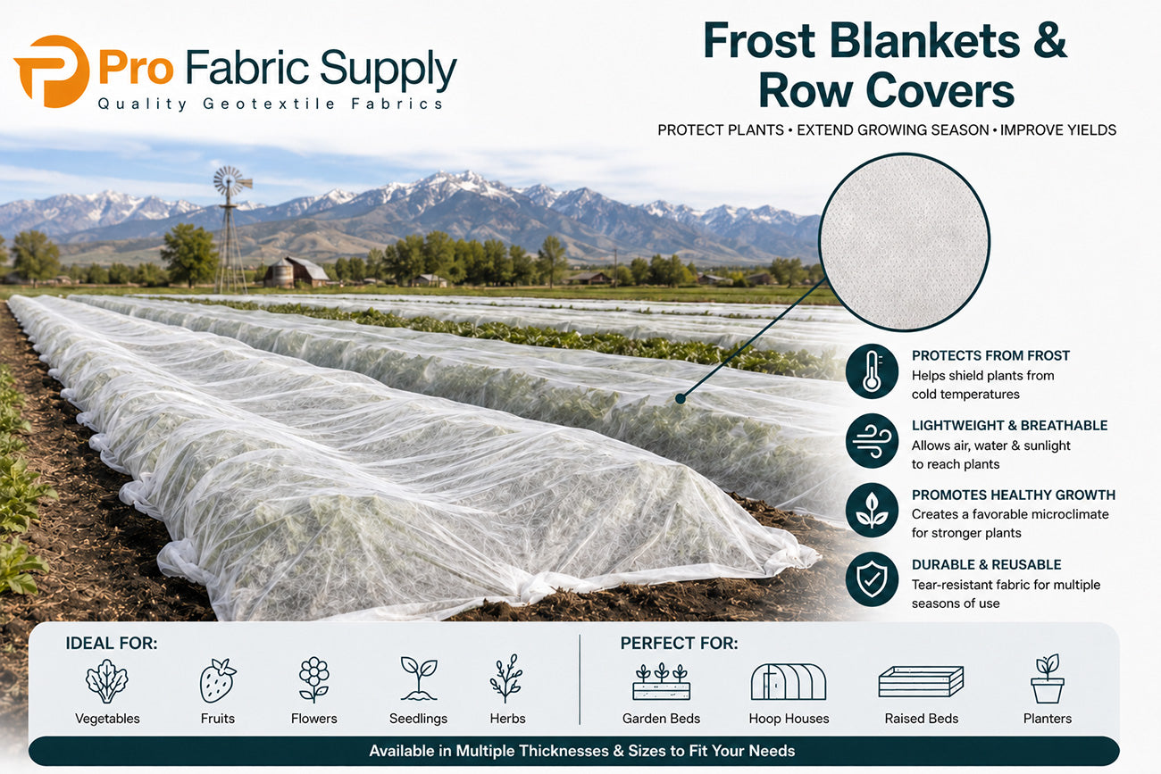 An informational graphic for Pro Fabric Supply frost blankets and row covers, featuring a landscape photo of a field with rows of white covering fabric, a circular inset showing the fabric texture, and text detailing benefits and ideal uses.