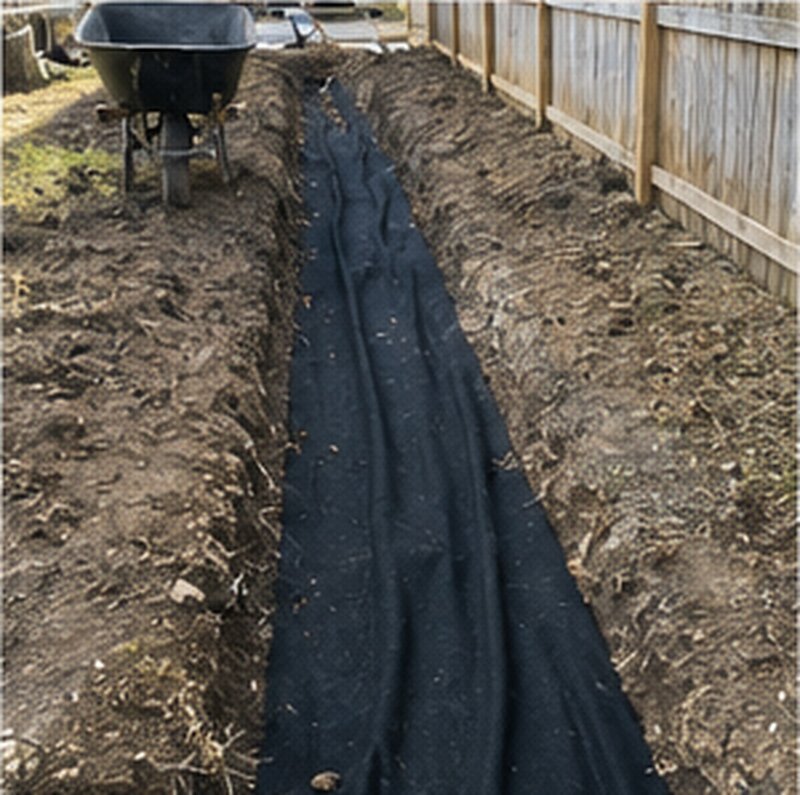 Drainage fabric in a narrow side yard drainage trench

