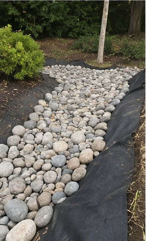Filter fabric under a residential dry creek bed

