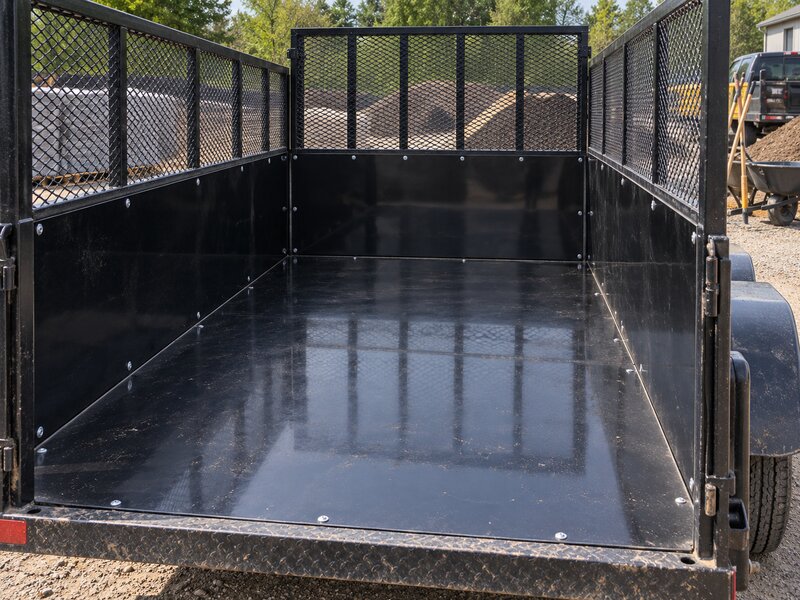 Black HDPE dump trailer liner lining a mesh-sided dump trailer at a jobsite
