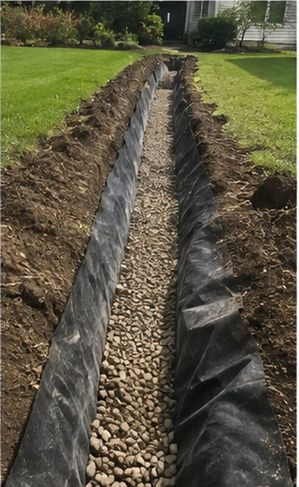 Filter fabric in a long backyard French drain
