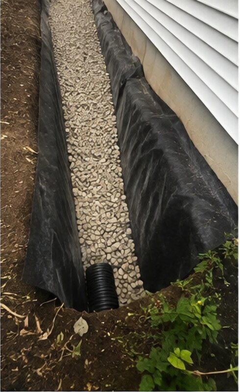 Filter fabric lining a foundation gravel drainage trench
