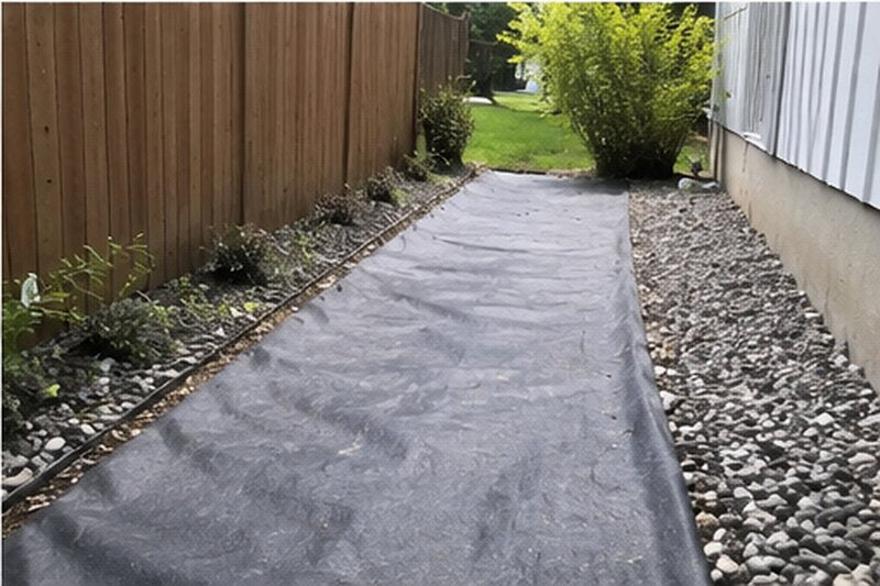 Filter fabric along a narrow side yard drainage path
