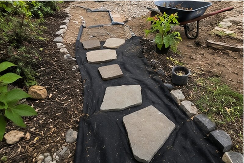 Filter fabric under a stepping stone garden path
