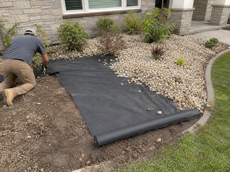Front yard landscape fabric installation in progress
