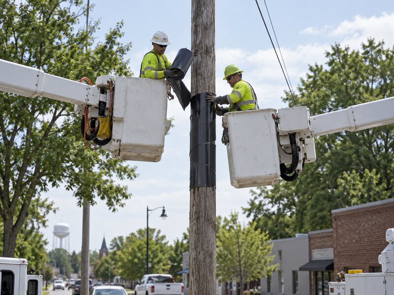 Workers unrolling and installing HDPE pole wrap