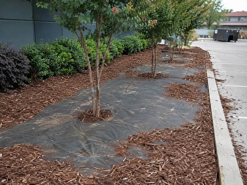Landscape weed barrier fabric installed along a building edge
