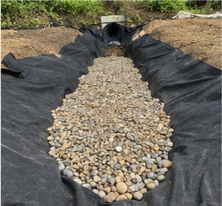 Non-woven geotextile filter fabric under a landscape dry creek bed
