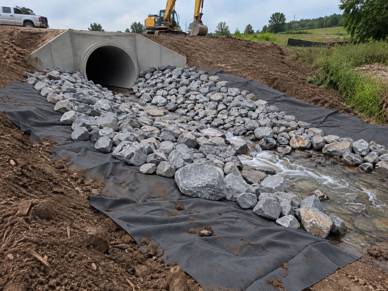 Non-woven geotextile fabric installed under riprap at a culvert outlet for erosion control
