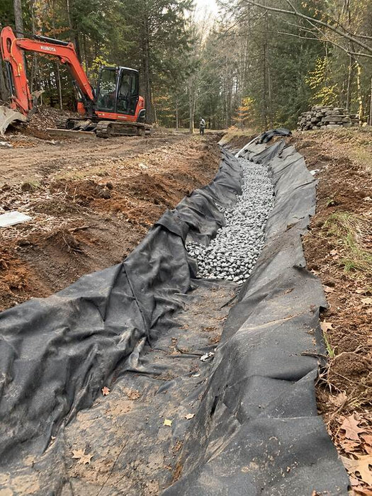 Non-woven geotextile fabric lining a wooded drainage swale trench filled with stone
