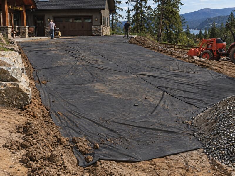 Non-woven geotextile fabric laid as a driveway subbase separator with a mountain lake view in the background

