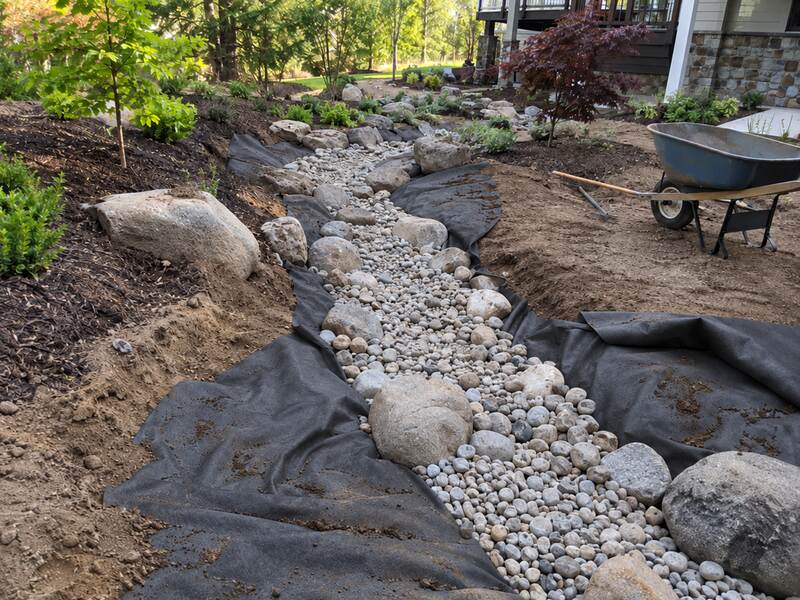 Non-woven geotextile fabric installed beneath a decorative dry creek bed rock drainage feature in a garden
