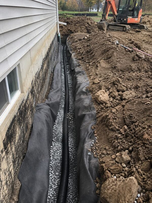 Non-woven geotextile fabric wrapping a foundation drain trench along a house exterior
