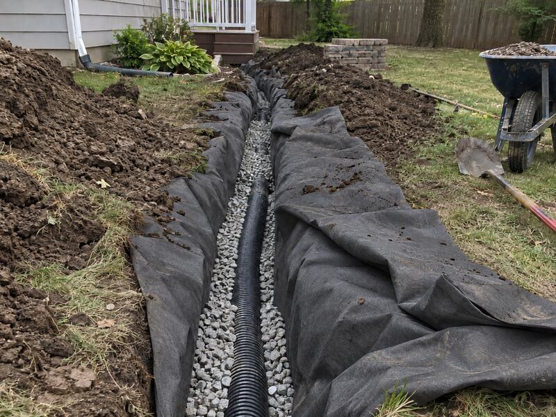 Non-woven geotextile fabric wrapped around gravel and perforated pipe in a backyard French drain trench
