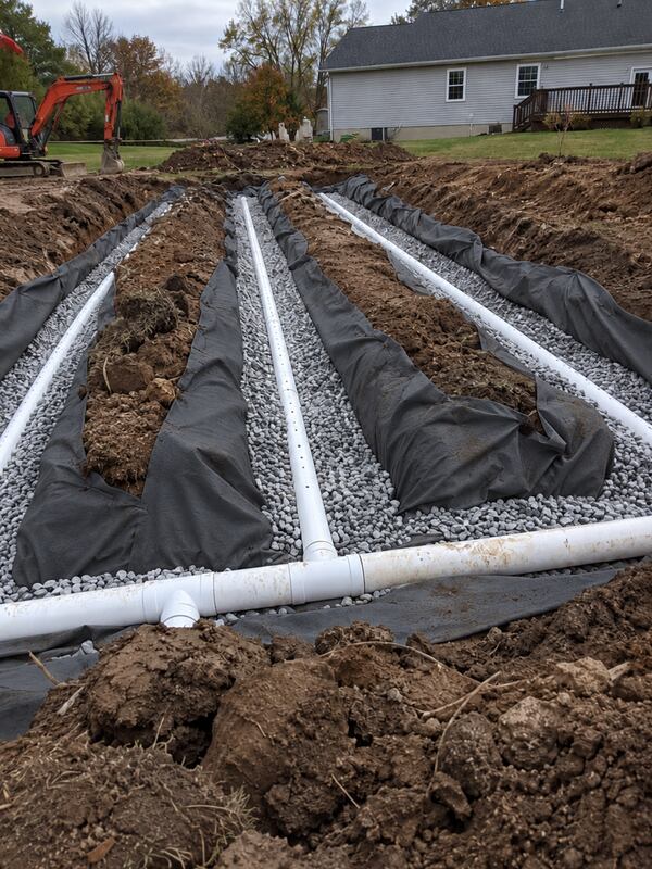 Non-woven geotextile fabric lining parallel gravel trenches for a septic leach field installation
