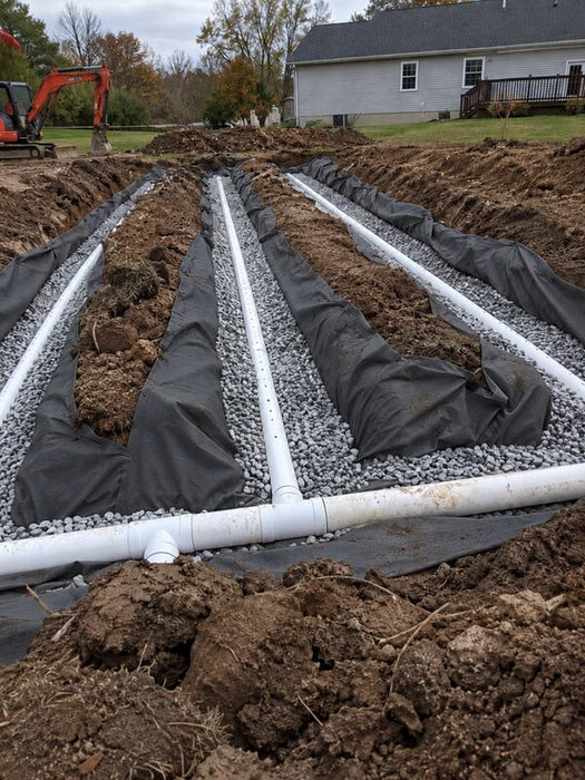 Non-woven geotextile fabric lining parallel gravel trenches for a septic leach field installation
