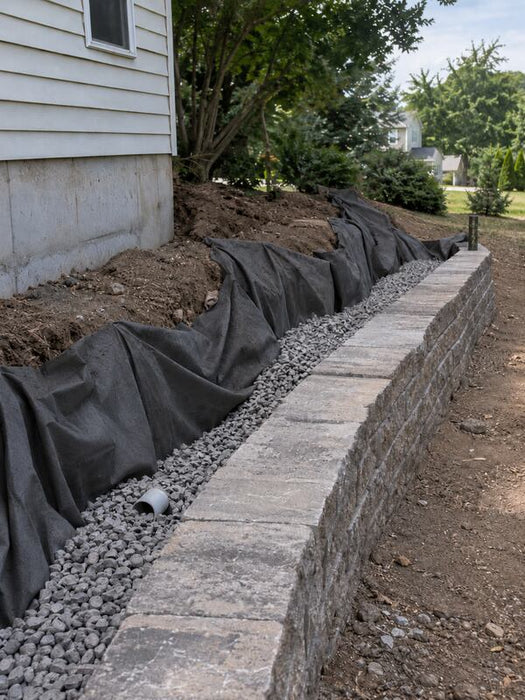 Non-woven geotextile fabric wrapping drainage gravel behind a segmental retaining wall
