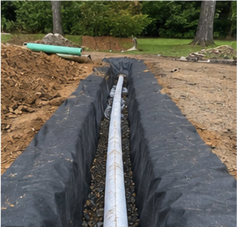 Non-woven geotextile fabric wrapping a residential French drain
