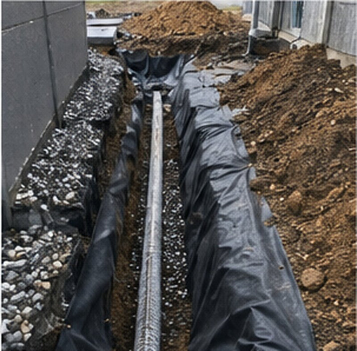Non-woven geotextile fabric lining a French drain with perforated pipe
