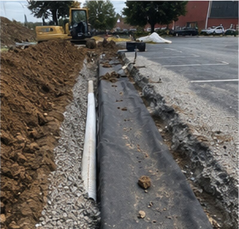 Heavy-duty non-woven geotextile in a parking lot edge drainage trench
