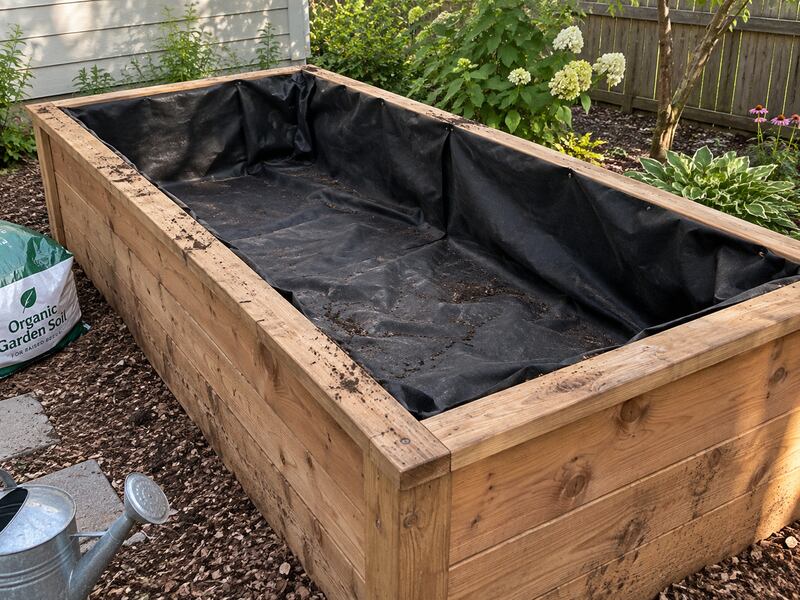 Non-woven raised garden bed liner fabric installed inside a cedar planter box
