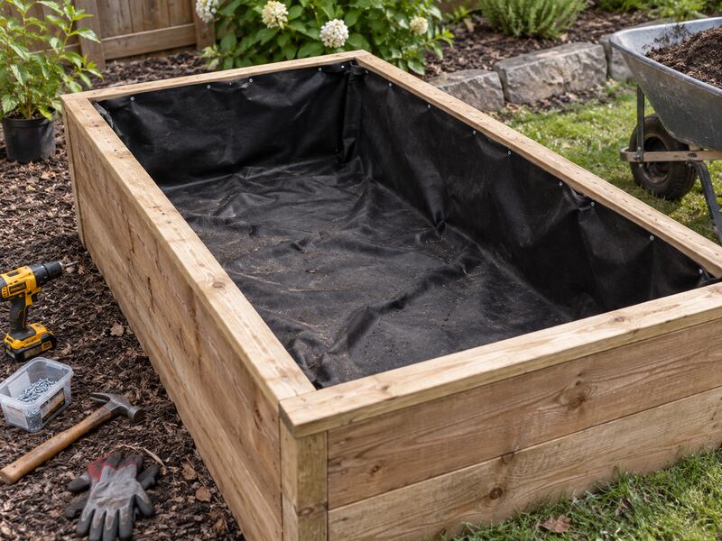 Black non-woven raised garden bed liner fabric installed inside a wood planter box
