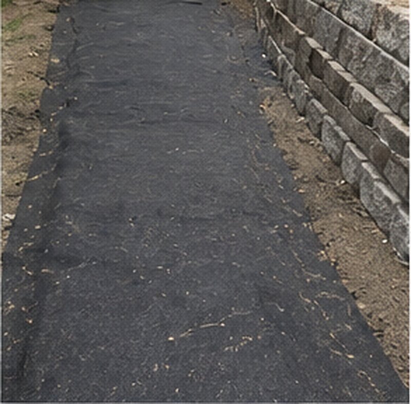 Non-woven geotextile drainage filter fabric behind a retaining wall
