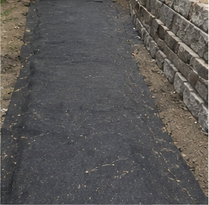 Non-woven geotextile drainage filter fabric behind a retaining wall

