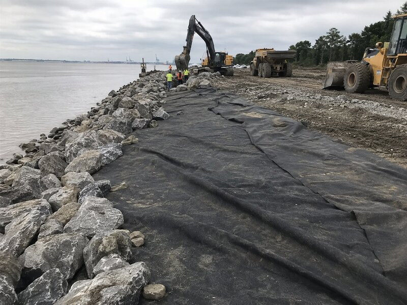 Non-woven geotextile under riprap for coastal shoreline erosion control
