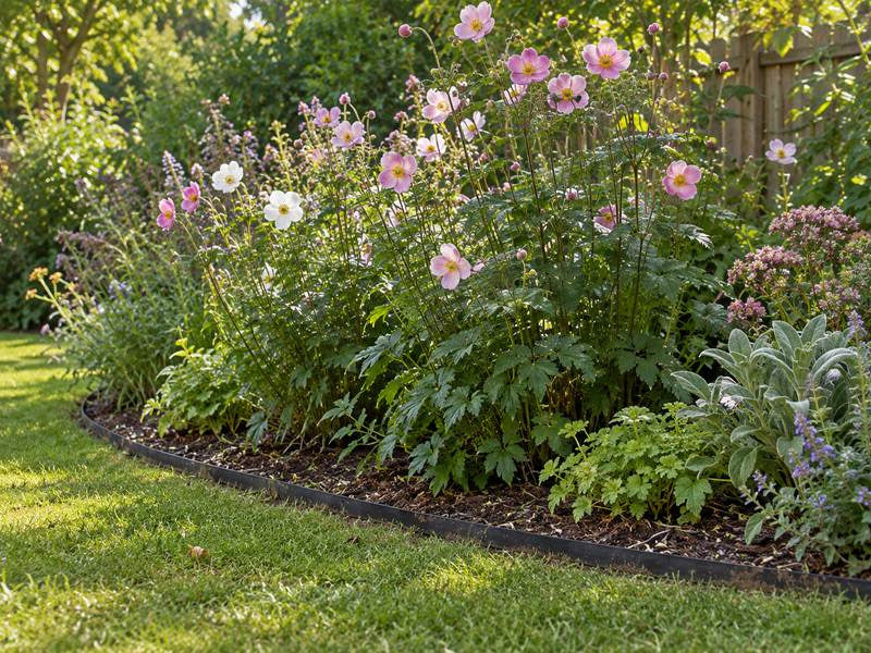 Root barrier edging curving around a flower bed of spreading Japanese anemone
