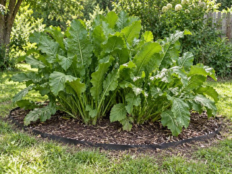 Black root barrier edging containing an invasive broadleaf plant bed in a backyard lawn

