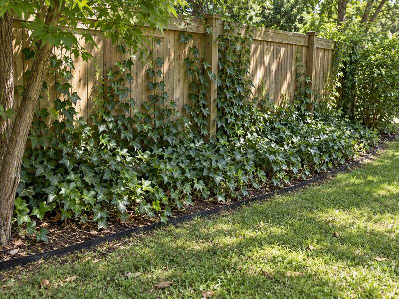 Black root barrier edging installed along a fence line to contain spreading English ivy
