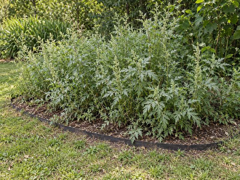 Root barrier edging installed around a bed of invasive ragweed plants
