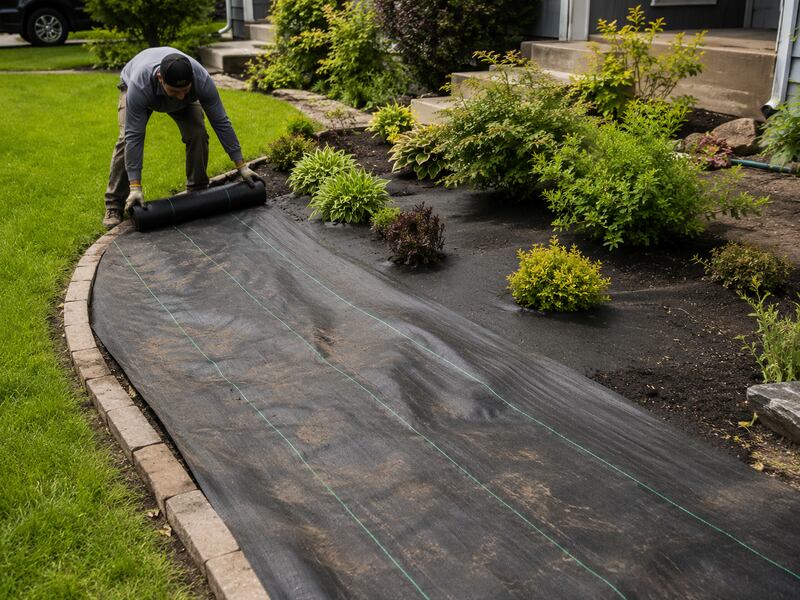 Unrolling heavy-duty woven weed barrier in a front landscape bed
