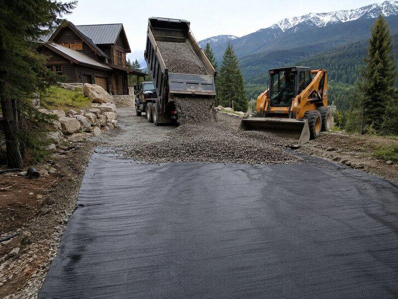 Dump truck placing gravel over woven geotextile fabric on a mountain driveway
